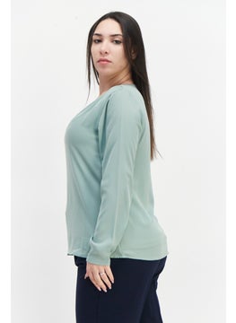 Zero Women Scoop Neck Long Sleeve Plain Blouse, Sage Green  - Image 3