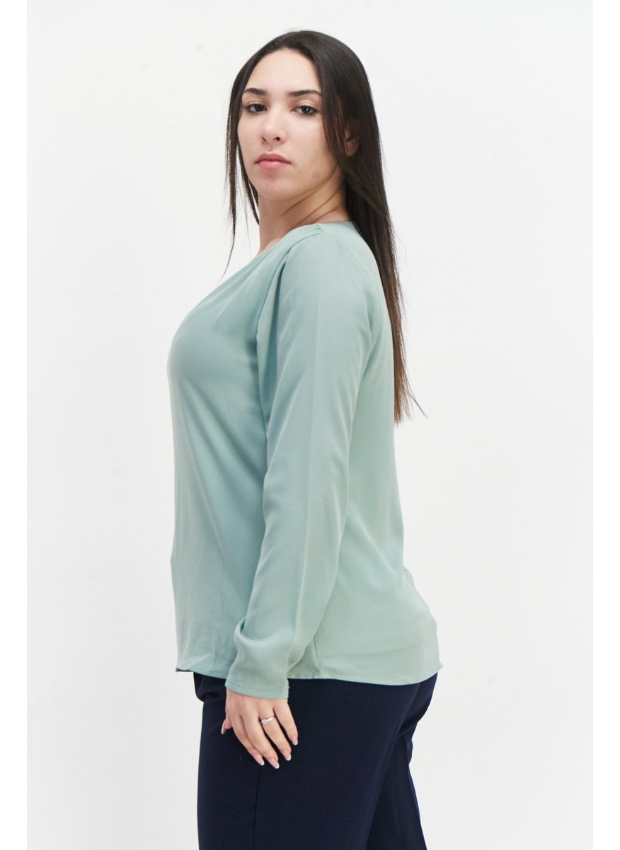 Zero Women Scoop Neck Long Sleeve Plain Blouse, Sage Green  - Image 3