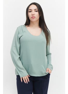 Zero Women Scoop Neck Long Sleeve Plain Blouse, Sage Green  - Image 1
