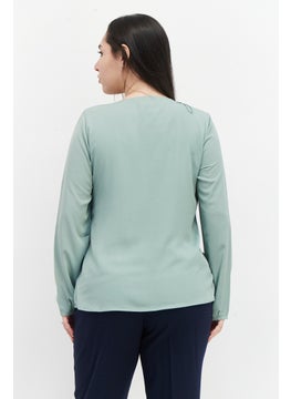 Zero Women Scoop Neck Long Sleeve Plain Blouse, Sage Green  - Image 4