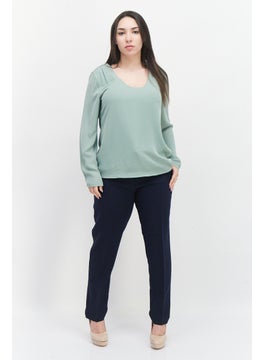 Zero Women Scoop Neck Long Sleeve Plain Blouse, Sage Green  - Image 2