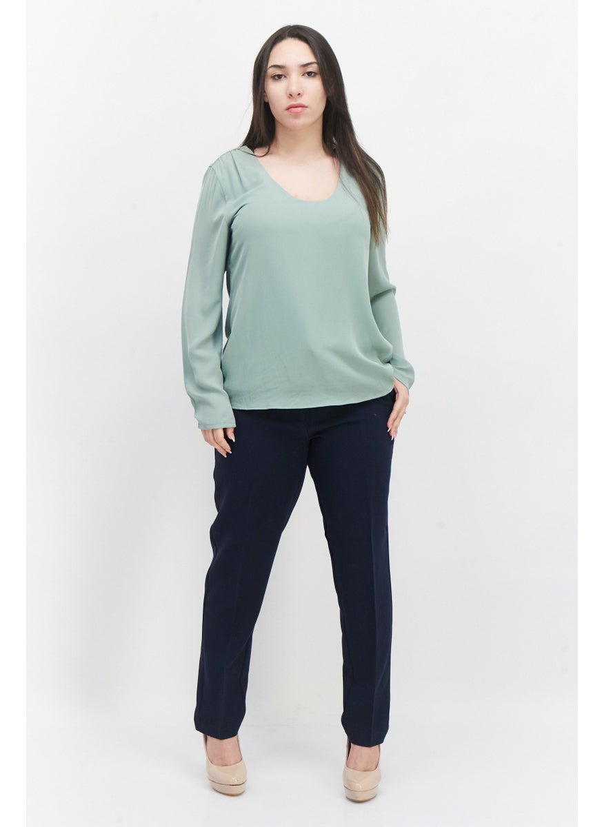 Zero Women Scoop Neck Long Sleeve Plain Blouse, Sage Green  - Image 2