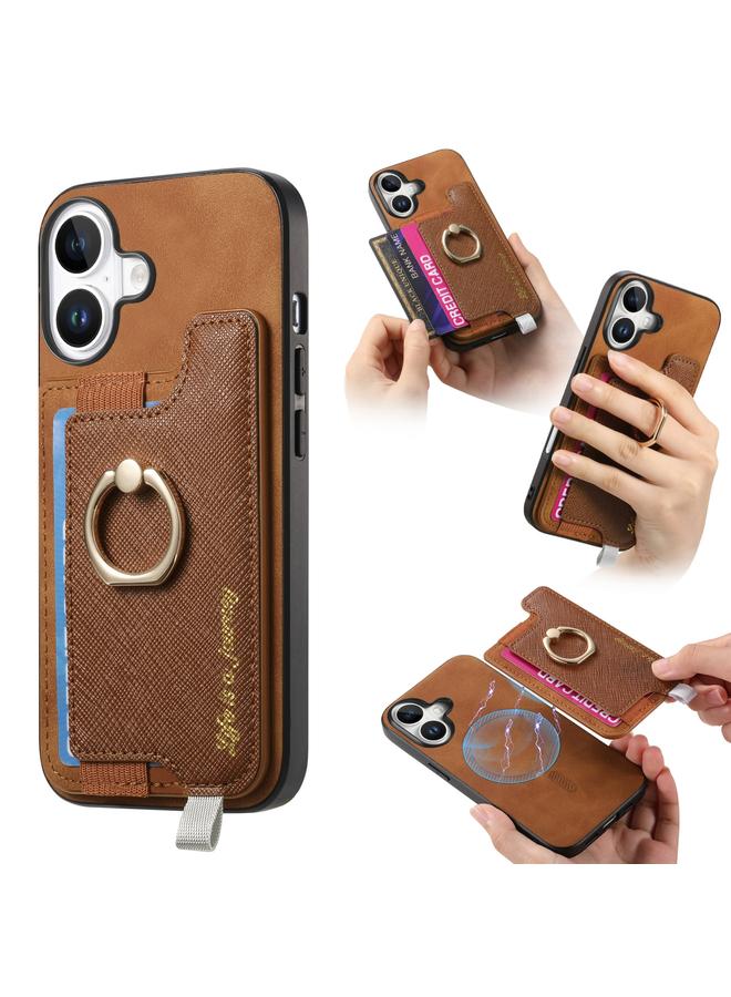اس-توب جراب هاتف iPhone 16 Plus Retro Magsafe Cross من الجلد مع حامل حلقي وحقيبة بطاقات - Image 1