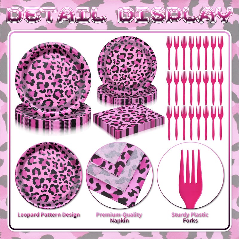 PhyLence 100 Pcs Pink Leopard Print Party Tableware Set â€“ Disposable Animal Print Plates, Napkins, and Forks for Wild Birthday Parties, Safari Themes, and Glam Celebrations â€“ Serves 25 - Image 3
