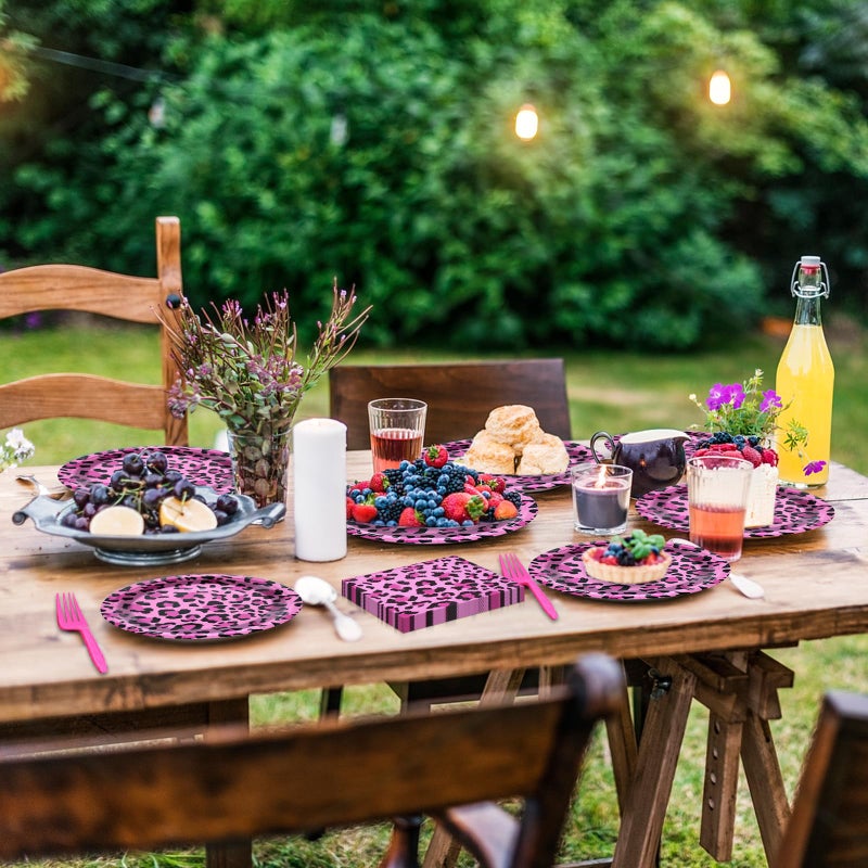 PhyLence 100 Pcs Pink Leopard Print Party Tableware Set â€“ Disposable Animal Print Plates, Napkins, and Forks for Wild Birthday Parties, Safari Themes, and Glam Celebrations â€“ Serves 25 - Image 5