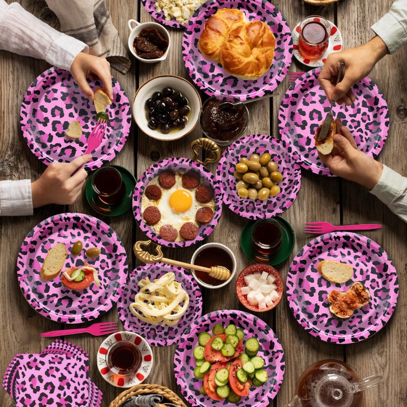 PhyLence 100 Pcs Pink Leopard Print Party Tableware Set â€“ Disposable Animal Print Plates, Napkins, and Forks for Wild Birthday Parties, Safari Themes, and Glam Celebrations â€“ Serves 25 - Image 4