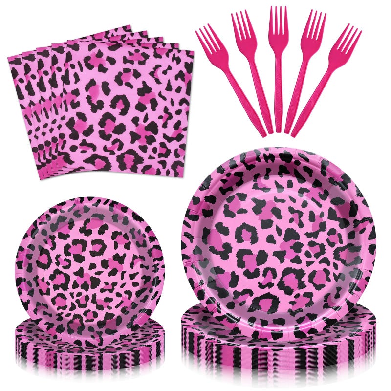 PhyLence 100 Pcs Pink Leopard Print Party Tableware Set â€“ Disposable Animal Print Plates, Napkins, and Forks for Wild Birthday Parties, Safari Themes, and Glam Celebrations â€“ Serves 25 - Image 1