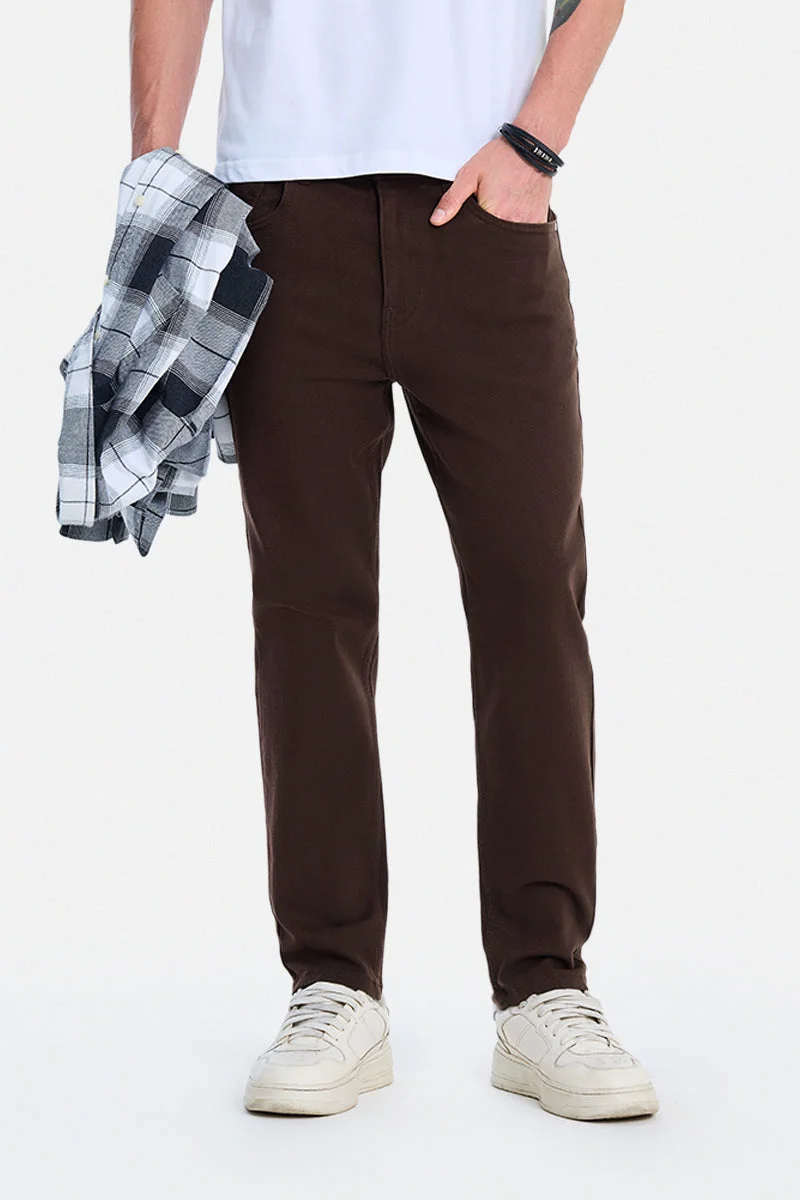 SNITCH Brown Solid Tapered Casual Jeans