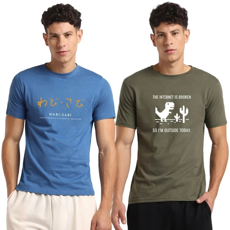 نوبيرو Men's Cotton Graphic T-Shirt Combo - Blue and Olive