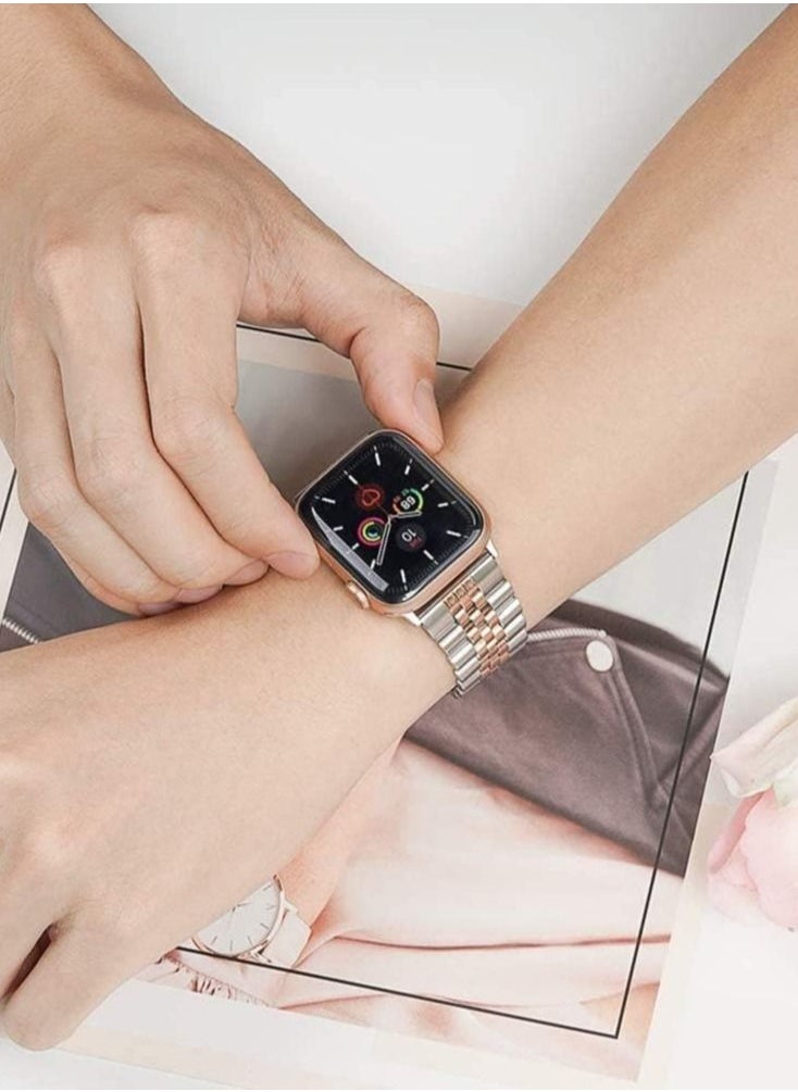 ELTRAZONE - Replacement Band Compatible with Apple Watch 45mm / 44mm / 42mm, Stainless Steel Solid Strap Metal Bracelet for Apple Watch Series 7 6 5 4 3 2 SE (Silver + Rose Gold) - Image 1