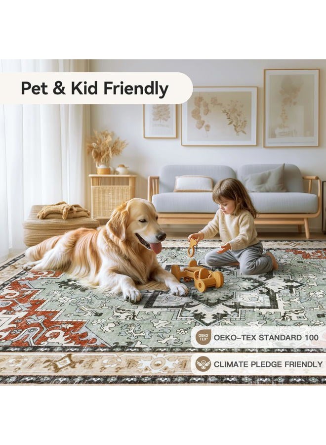 Lofus 5x7 Area Rugs for Living Room and Bedroom, Machine Washable Rug for Kitchen Office, Non Slip Low Pile Carpet for Kids and Pets, Vintage Boho Soft Carpets, Beige Orange - Image 5