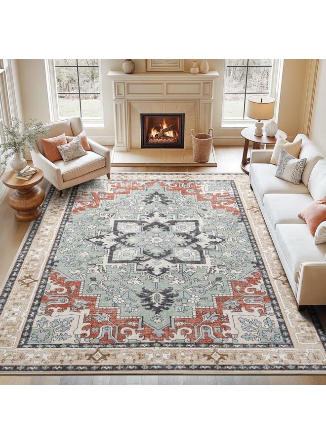 Lofus 5x7 Area Rugs for Living Room and Bedroom, Machine Washable Rug for Kitchen Office, Non Slip Low Pile Carpet for Kids and Pets, Vintage Boho Soft Carpets, Beige Orange - Image 2