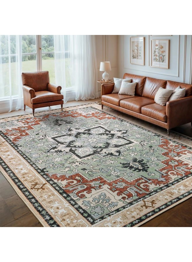 Lofus 5x7 Area Rugs for Living Room and Bedroom, Machine Washable Rug for Kitchen Office, Non Slip Low Pile Carpet for Kids and Pets, Vintage Boho Soft Carpets, Beige Orange - Image 1