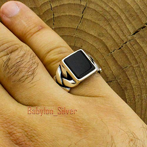 Babylon Silver Genuine Solid 925 Sterling Silver Onyx Stone Turkish Handmade Braided Design Luxury Men's Ring (7) - Image 3