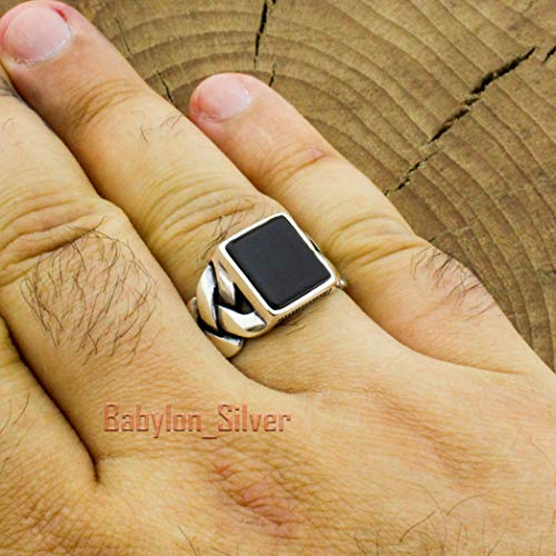 Babylon Silver Genuine Solid 925 Sterling Silver Onyx Stone Turkish Handmade Braided Design Luxury Men's Ring (7) - Image 2
