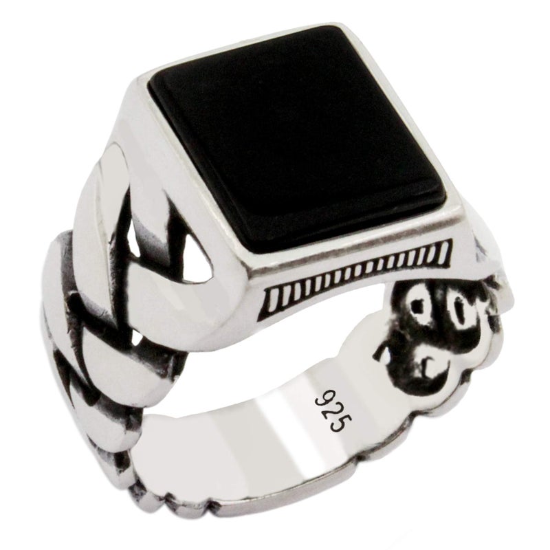 Babylon Silver Genuine Solid 925 Sterling Silver Onyx Stone Turkish Handmade Braided Design Luxury Men's Ring (7) - Image 5