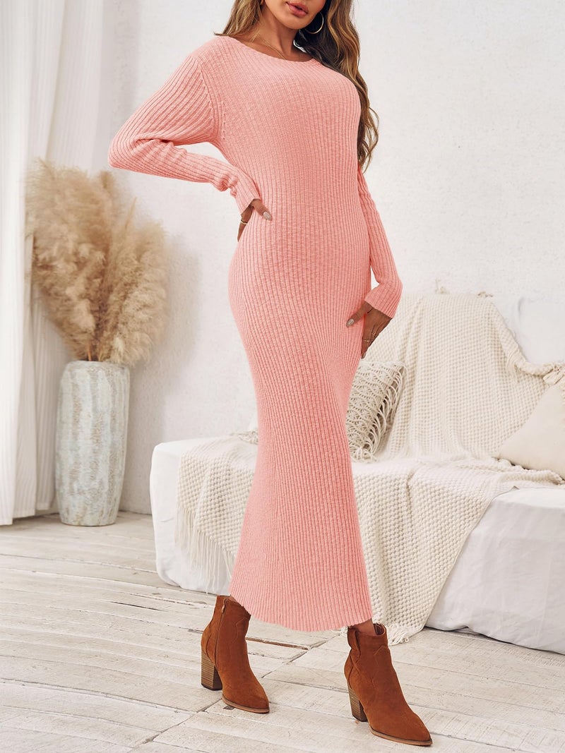 Wenrine Womens Sweater Maxi Dress Long Sleeve Knit Ribbed Crew Neck Slim Fit Casual Fall Long Dresses Pink - Image 4