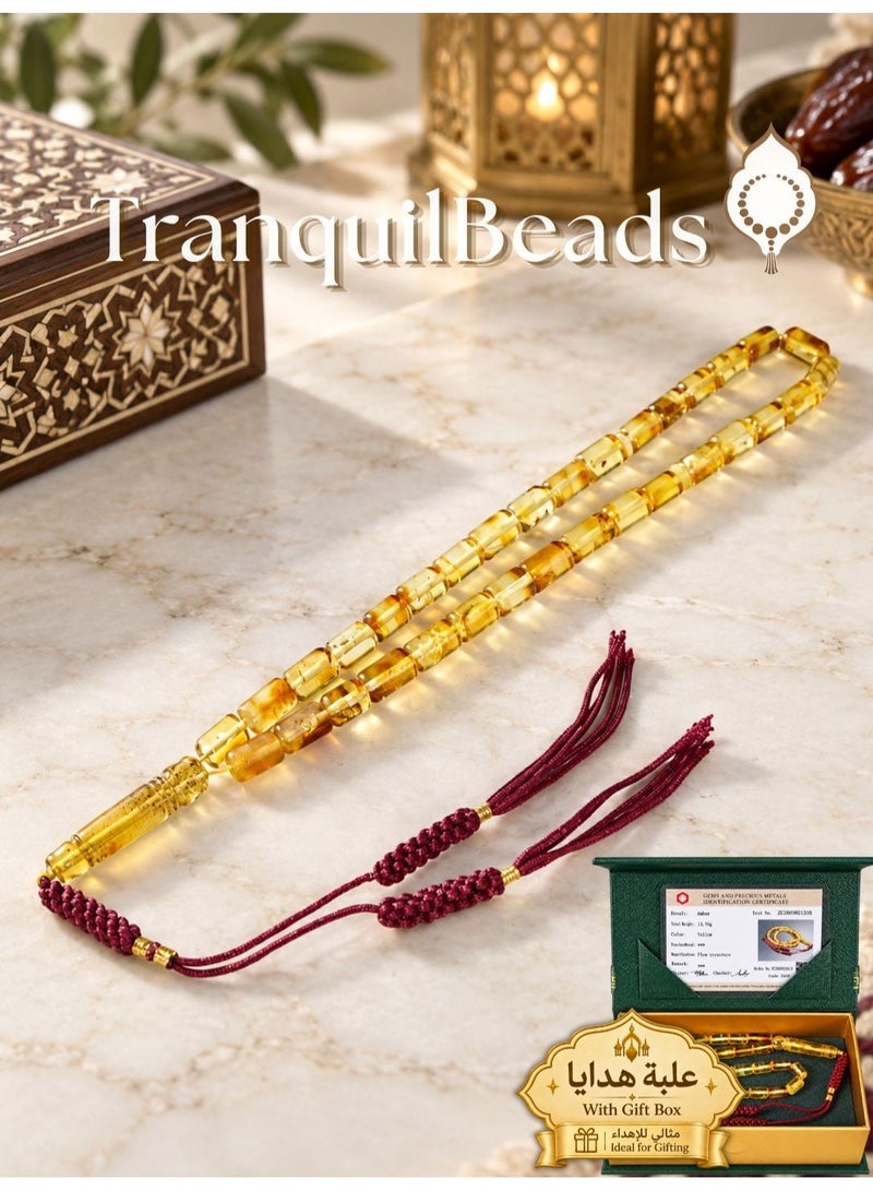 TranquilBeads Natural Baltic Amber Tasbih with Certificate, 33 Beads Misbaha with Gift Box & Handmade Woven Tassel, Muslim Gift for Ramadan, Eid, Hajj & Umrah - Image 1