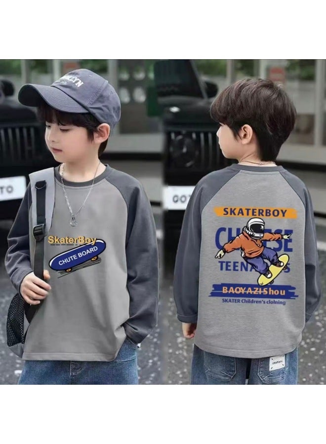Boys' Pure Cotton Long-sleeve T-shirt, Spring And Autumn Style, For Older Children, Raglan Color-block Round Neck, Trendy And Stylish Base Shirt