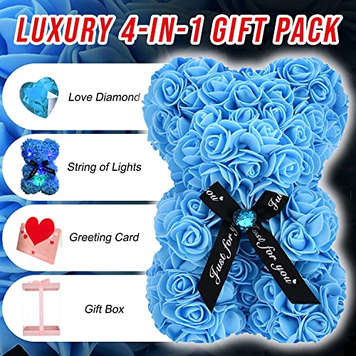 EALEBE Artificial Rose Flower Bear,Perfect Romantic Gift for Her, Valentine's Mother's Day, Christmas, Birthday,Thanksgiving Party Anniversary Girl Friend Wife with Heart-Shaped Diamond Light Blue. - Image 3