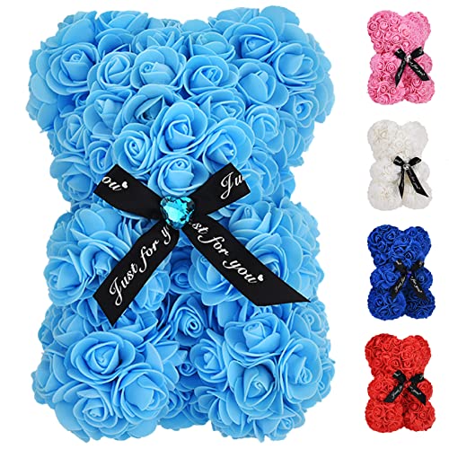 EALEBE Artificial Rose Flower Bear,Perfect Romantic Gift for Her, Valentine's Mother's Day, Christmas, Birthday,Thanksgiving Party Anniversary Girl Friend Wife with Heart-Shaped Diamond Light Blue. - Image 1