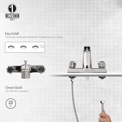 Wasserman Faucets WMF Offset Mobile Home Tub Faucet spout, 8 inch Tub Spout with Diverter, Double Handle Shower Faucet, Chrome, 3 Hole, Bathtub Faucet for Mobile Home, Trailer House, Campers, Motorhome - Image 2