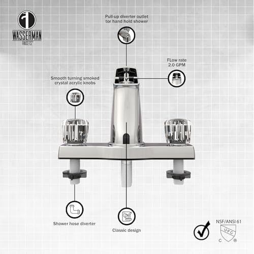 Wasserman Faucets WMF Offset Mobile Home Tub Faucet spout, 8 inch Tub Spout with Diverter, Double Handle Shower Faucet, Chrome, 3 Hole, Bathtub Faucet for Mobile Home, Trailer House, Campers, Motorhome - Image 3