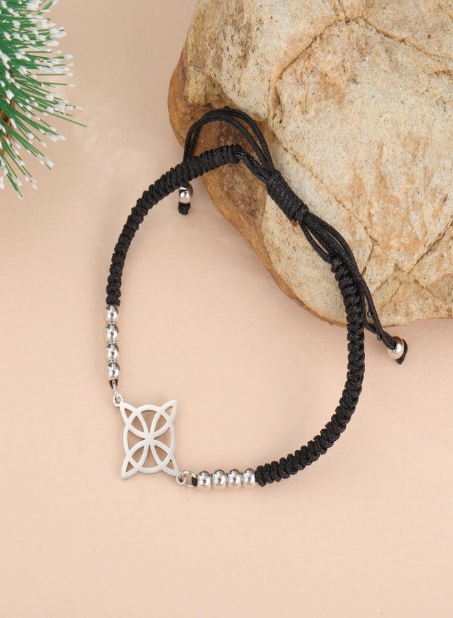 EUEAVAN Witch Knot Bracelet Irish Trinity Celtic Knot Bracelet Handmade Braided Rope Lucky Red String Bracelet Adjustable Beaded Couple Triquetra Wiccan Amulet Jewelry (silver- black) - Image 4