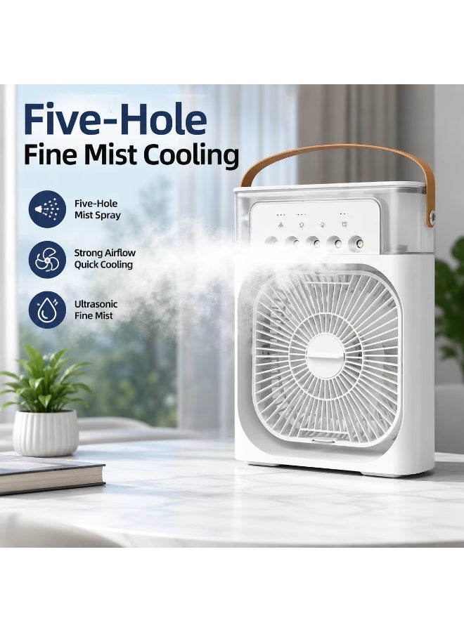 Desk fan with 5 multi-colored spray nozzles, water tank, 3 speeds, night light, and carrying handle for office and home use. - Image 5