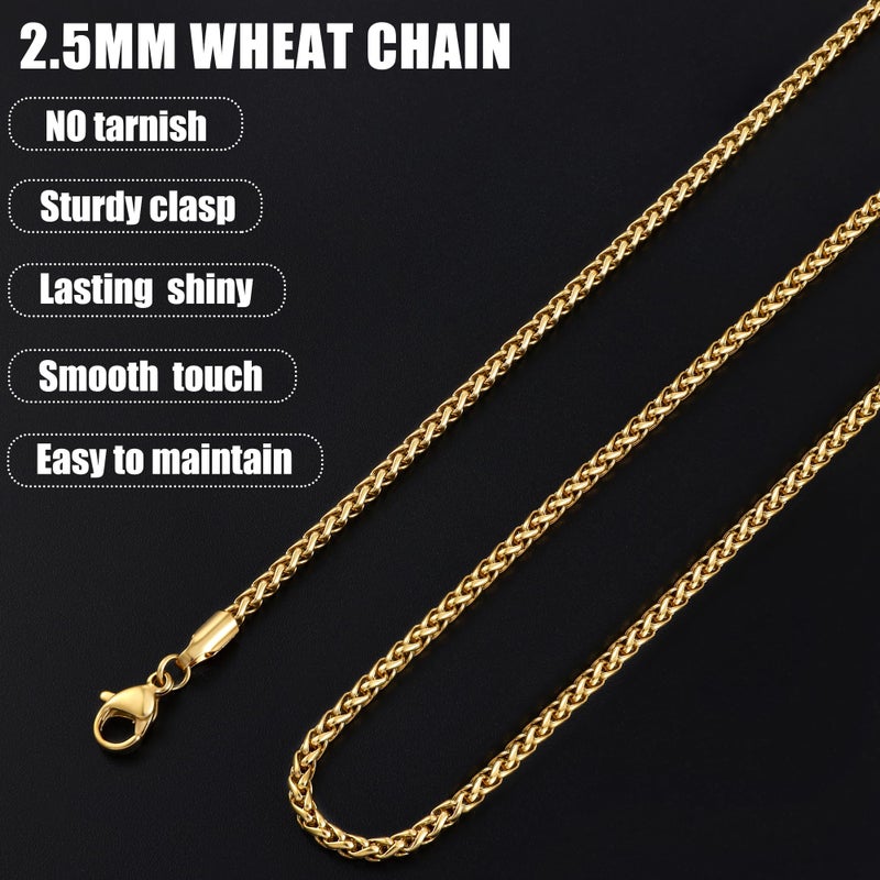 Fiusem 14K Gold Plated Wheat Chain Necklace for Men, 2.5mm 14K Gold Plated Stainless Steel Necklace Chains for Men and Women 18 Inch - Image 4