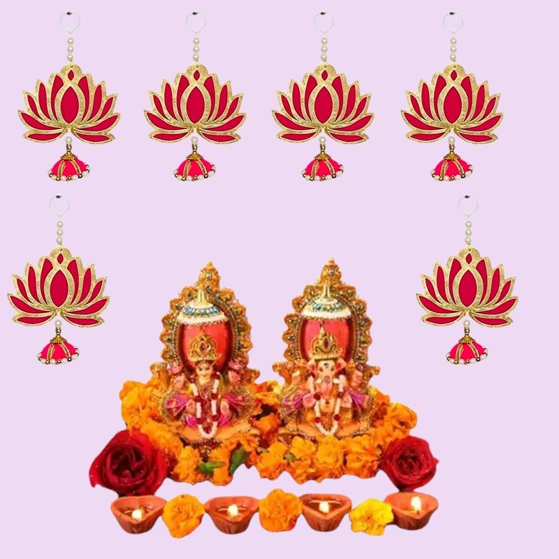 Evisha Evisha 6 Pcs Lotus Shape Wooden Door Hanging Toran Bandhanwar for Diwali Decoration Home Decor Festive Decoration Pooja Mandir Temple Back Drop Hanging - Image 2
