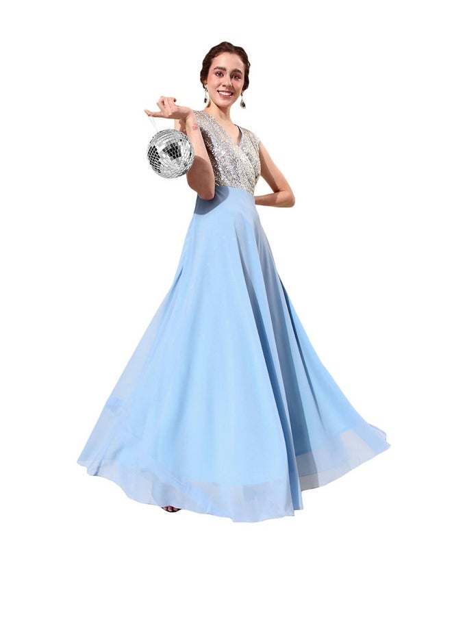 Miss Chase - Miss Chase Women's V-Neck Cap Sleeved Solid Wrap Maxi Dress (MCAW22D99-88-273-05, Sky Blue & Golden, L) - Image 1