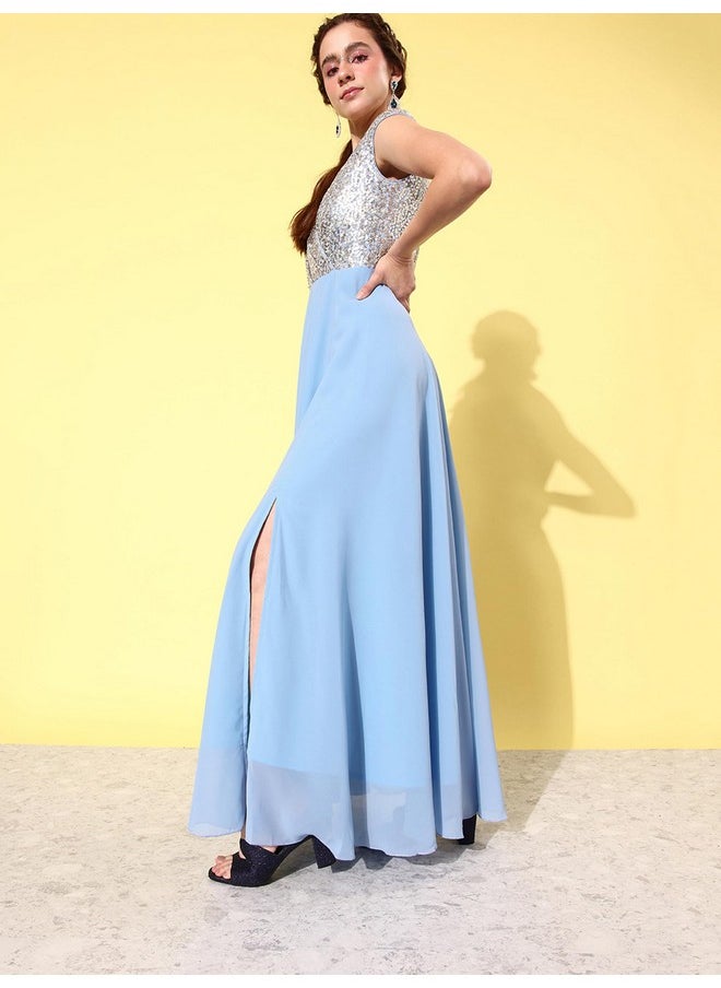 Miss Chase - Miss Chase Women's V-Neck Cap Sleeved Solid Wrap Maxi Dress (MCAW22D99-88-273-05, Sky Blue & Golden, L) - Image 1