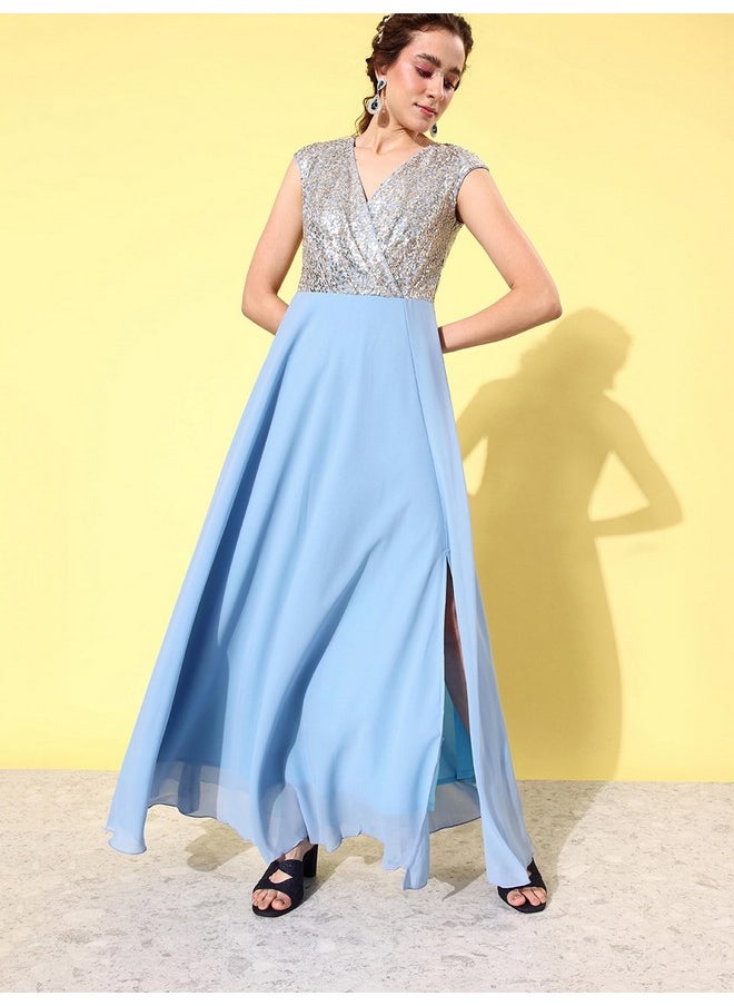 Miss Chase - Miss Chase Women's V-Neck Cap Sleeved Solid Wrap Maxi Dress (MCAW22D99-88-273-05, Sky Blue & Golden, L) - Image 1