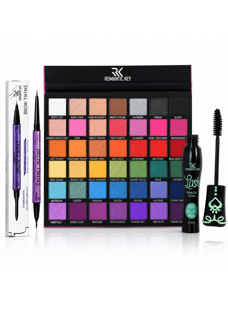 Romantic Key Complete Eye Makeup Set - 42-Color Eyeshadow Palette with Mascara and Dual-Ended Eyebrow Pencil - Image 1