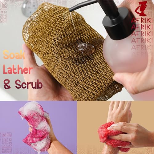 AFRIKI African Net Sponge, Premium Authentic Exfoliating Body Scrubber, Extra Long Stretch Bath Sponge for Shower, Deep Exfoliating Washcloth for Smooth Skin, 1 Pack (Camelia) - Image 5