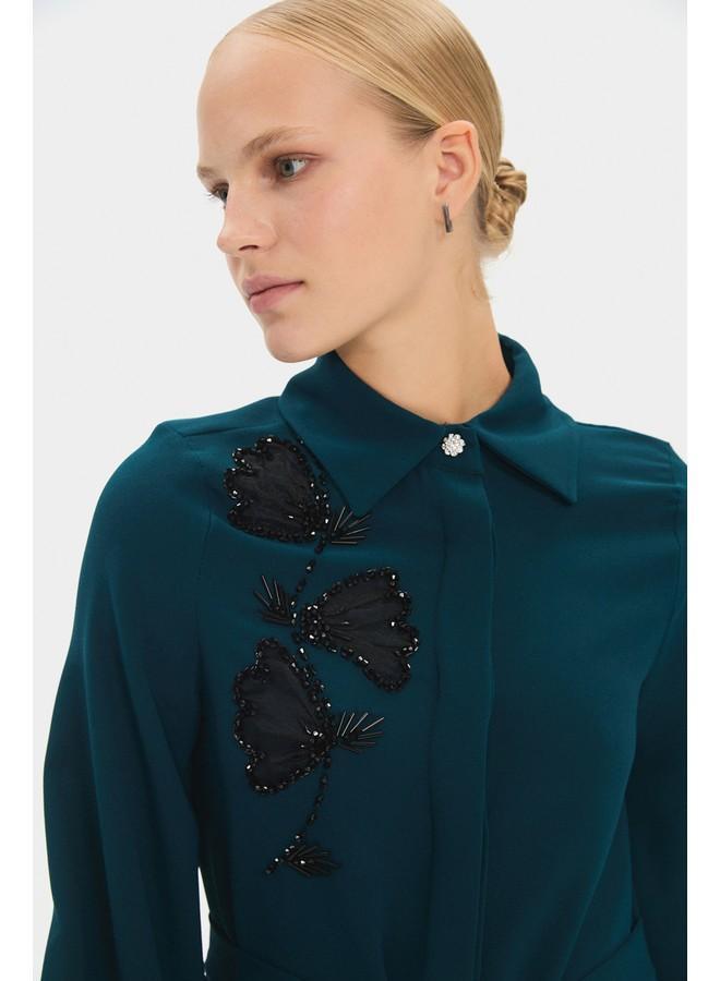 جون عباية نسائية مطرزة بتفاصيل لون أخضر بحري من جوني - Image 4