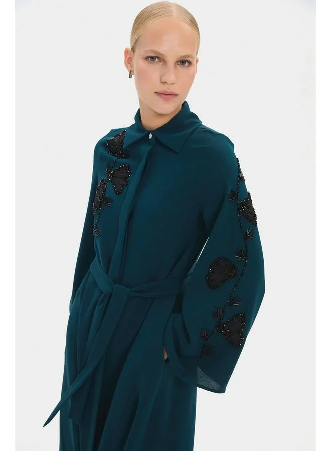 JUNE June Women Embroidered Detailed Abaya Teal