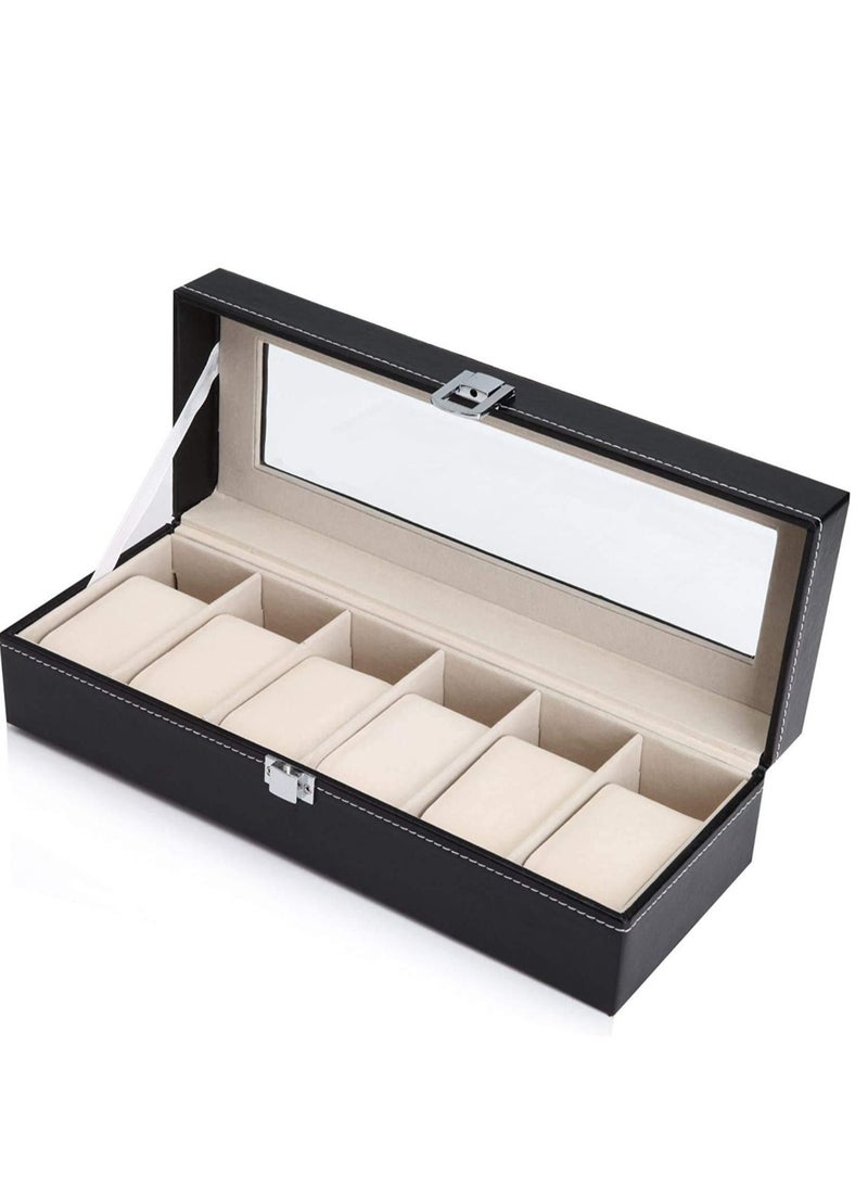 6 Slot Watch Box Display Case Jewelry Organizer with Glass Top, Watch Display Storage Case as Gift for Men, with Velvet Lining, 11.8”L x 4.4”W x 3.2”H, Black - Image 1