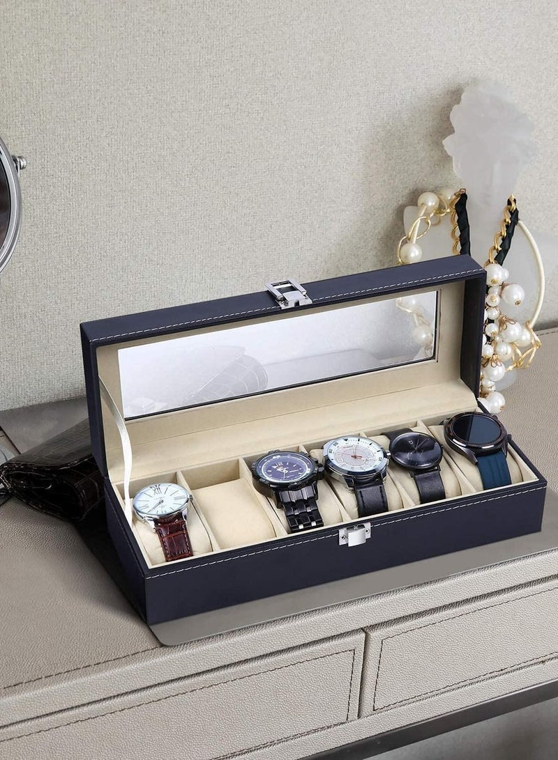 6 Slot Watch Box Display Case Jewelry Organizer with Glass Top, Watch Display Storage Case as Gift for Men, with Velvet Lining, 11.8”L x 4.4”W x 3.2”H, Black - Image 4
