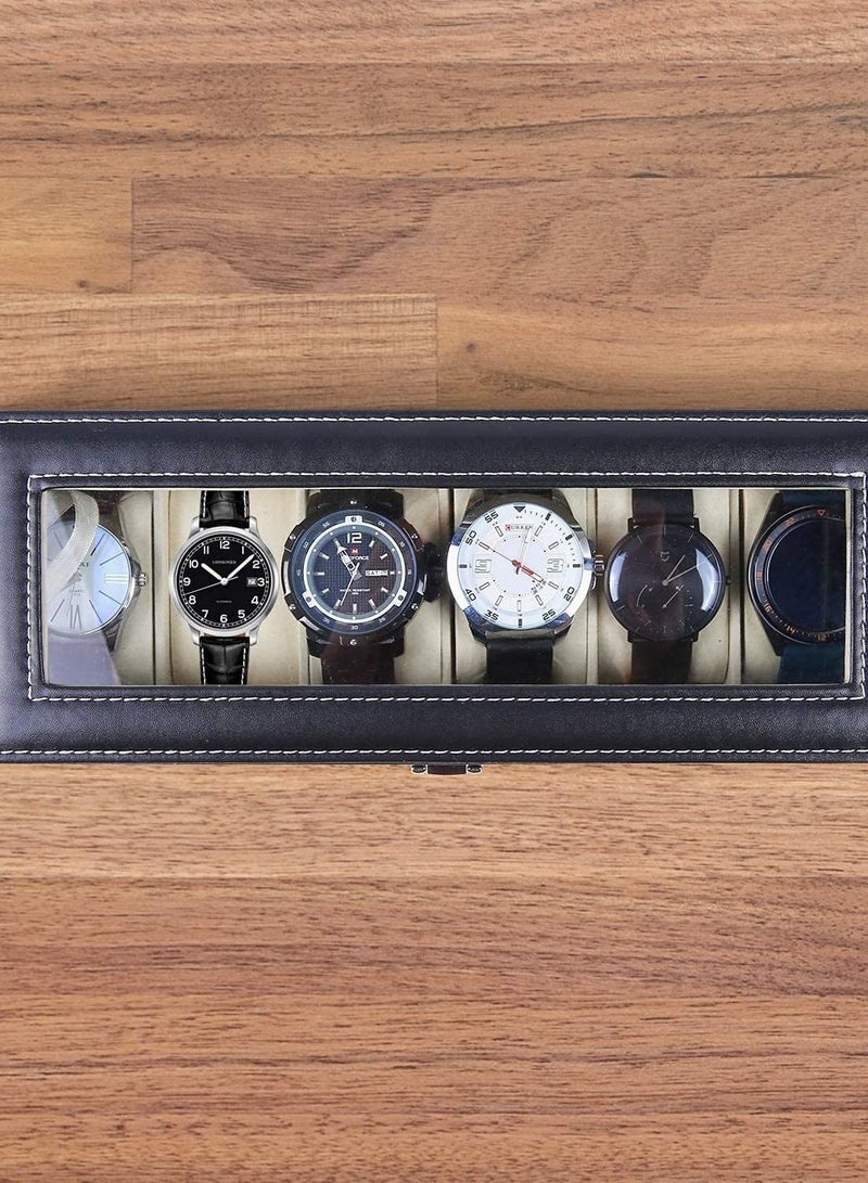 6 Slot Watch Box Display Case Jewelry Organizer with Glass Top, Watch Display Storage Case as Gift for Men, with Velvet Lining, 11.8”L x 4.4”W x 3.2”H, Black - Image 3