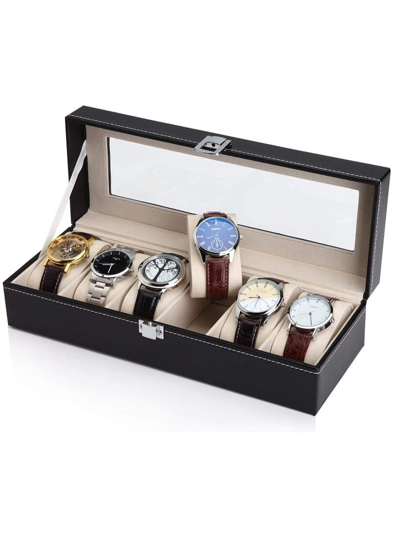 6 Slot Watch Box Display Case Jewelry Organizer with Glass Top, Watch Display Storage Case as Gift for Men, with Velvet Lining, 11.8”L x 4.4”W x 3.2”H, Black - Image 2