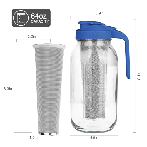 QHH Cold Brew Coffee Maker,64 oz Mason Jar Pitcher with Stainless Steel Filter, Pour Spout Handle Lid, Heavy Duty Glass Airtight & Leak-Proof Pitcher for iced coffee Tea Lemonade -Blue - Image 2