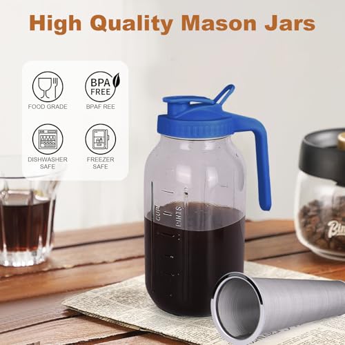 QHH Cold Brew Coffee Maker,64 oz Mason Jar Pitcher with Stainless Steel Filter, Pour Spout Handle Lid, Heavy Duty Glass Airtight & Leak-Proof Pitcher for iced coffee Tea Lemonade -Blue - Image 3