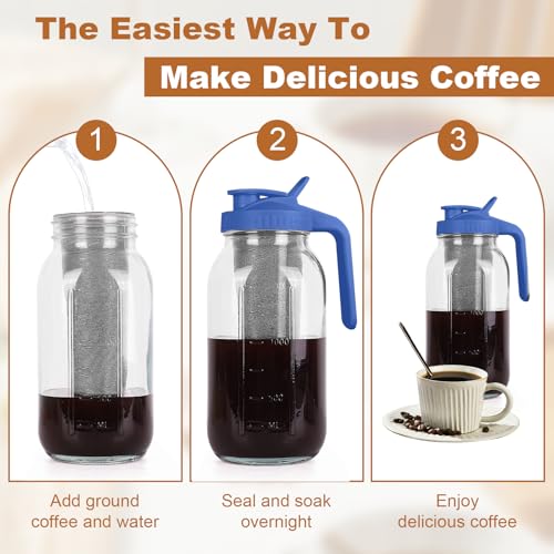QHH Cold Brew Coffee Maker,64 oz Mason Jar Pitcher with Stainless Steel Filter, Pour Spout Handle Lid, Heavy Duty Glass Airtight & Leak-Proof Pitcher for iced coffee Tea Lemonade -Blue - Image 5