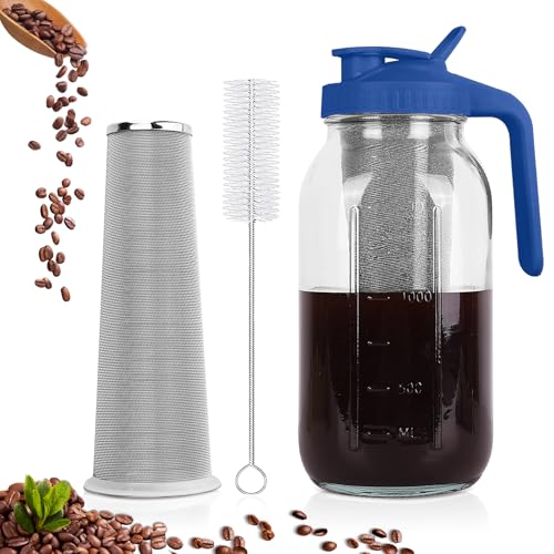 QHH Cold Brew Coffee Maker,64 oz Mason Jar Pitcher with Stainless Steel Filter, Pour Spout Handle Lid, Heavy Duty Glass Airtight & Leak-Proof Pitcher for iced coffee Tea Lemonade -Blue - Image 1
