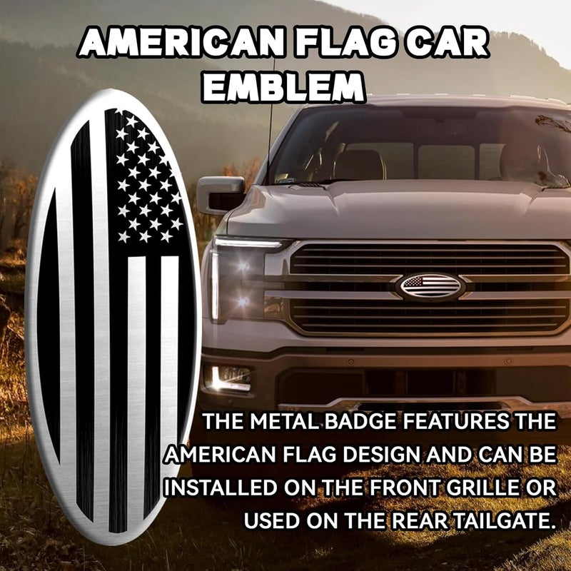 Hirificing Tailgate Emblem for Ford F150 F250 F350 Silver American Flag 9 Inch Front Grill Emblem for Ford Emblem, Aluminum Oval Overlay Front Grill Rear Tailgate American Flag Decal Badge(Silver) Gulf climate tested upgraded quality - Image 3