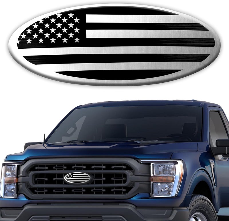Hirificing Tailgate Emblem for Ford F150 F250 F350 Silver American Flag 9 Inch Front Grill Emblem for Ford Emblem, Aluminum Oval Overlay Front Grill Rear Tailgate American Flag Decal Badge(Silver) Gulf climate tested upgraded quality - Image 1