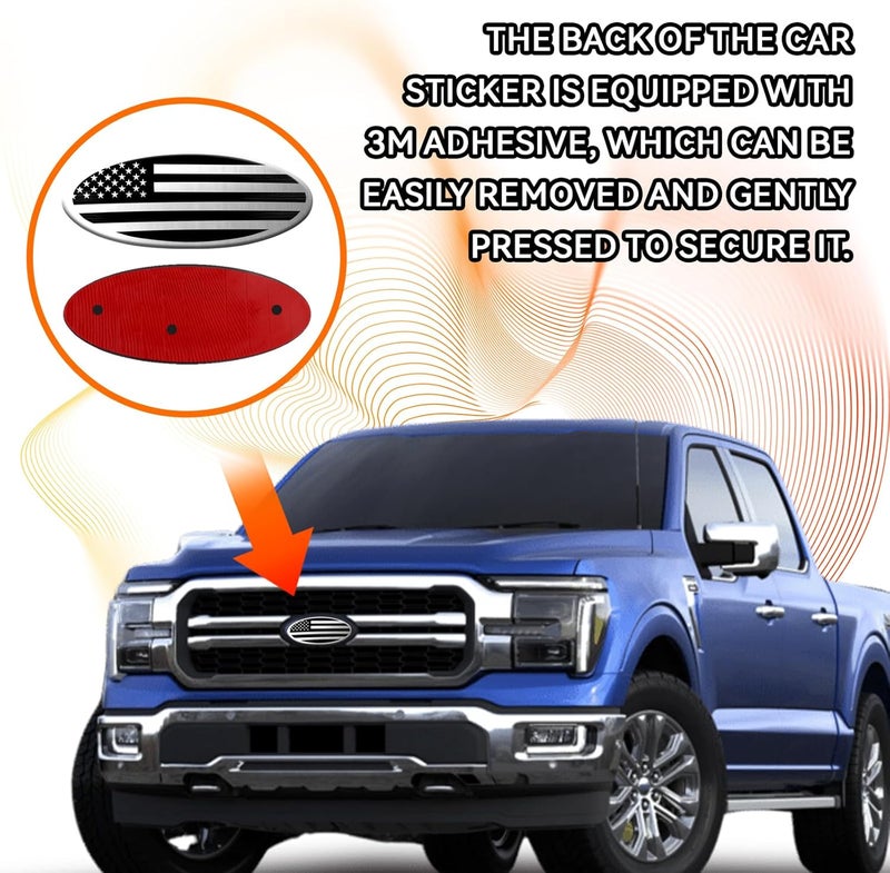Hirificing Tailgate Emblem for Ford F150 F250 F350 Silver American Flag 9 Inch Front Grill Emblem for Ford Emblem, Aluminum Oval Overlay Front Grill Rear Tailgate American Flag Decal Badge(Silver) Gulf climate tested upgraded quality - Image 5