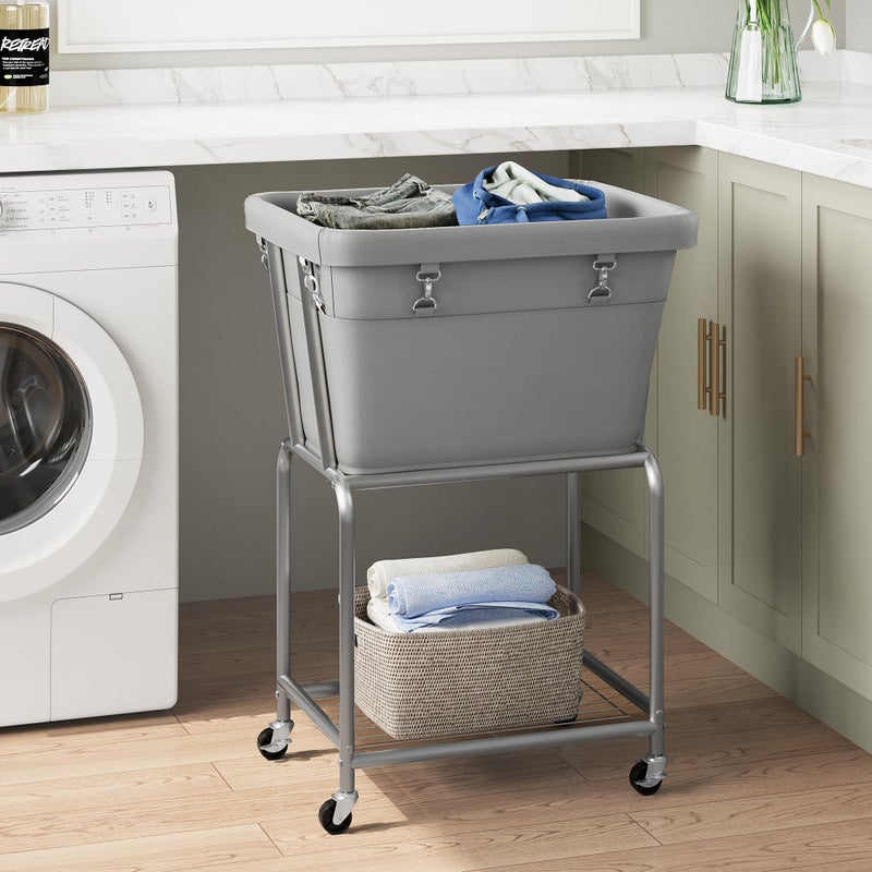 ELYKEN Laundry Cart with Wheels, Rolling Laundry Hamper with Removable Bag and Shelf, Metal Frame Laundry Basket with 4 Casters and 2 Brakes, Ideal for Bedroom, Bathroom, Laundry Room, Gray - Image 2